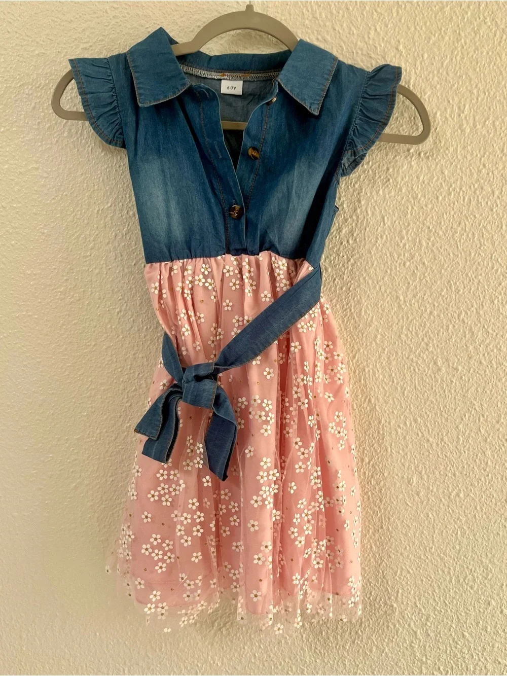 NWOT Boutique Denim & Pink Floral Girls' Dress with Bow